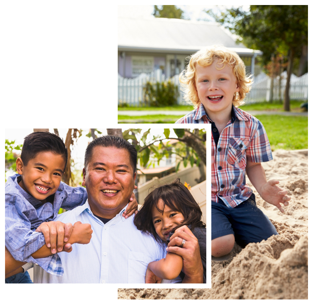 Photo of father with young children over photo of young boy playing outside